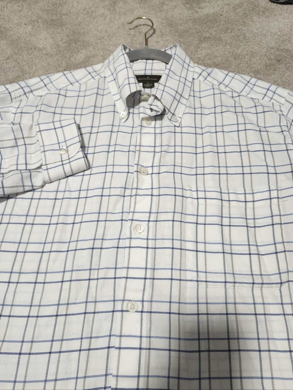 Ermenegildo Zegna Shirt Mens Large Gray Blue Plaid Button Down Italian Made